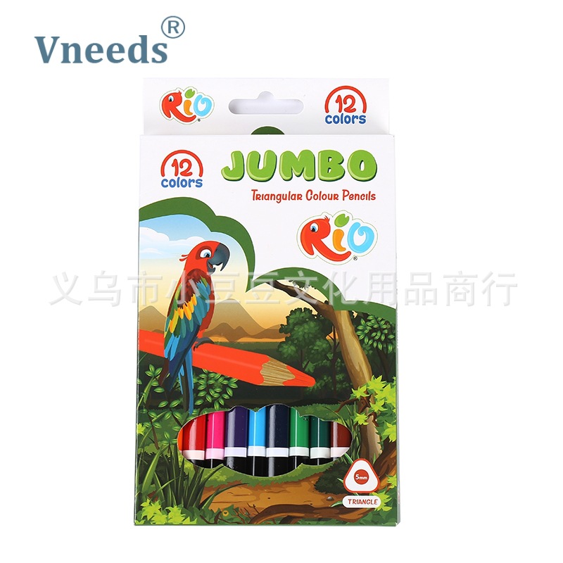 Vneeds12色粗杆油性彩色铅笔跨境套装儿童绘画涂鸦填色彩铅可推款