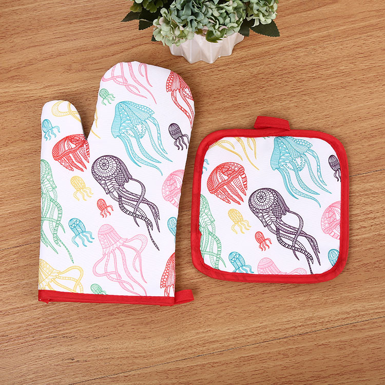 【LOVELY HOME】 Marine animal Print Microwave Gloves Thermal Mat Thermal Mat Two-piece kitchen set Item Picture