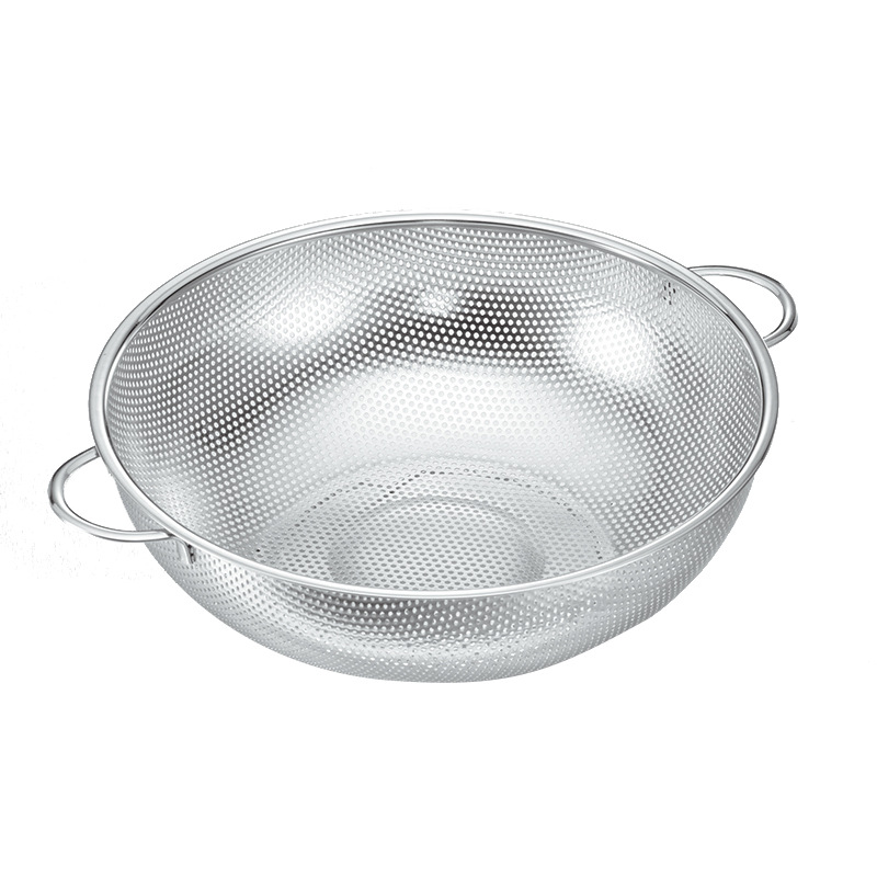 Factory direct sales of stainless steel double-ear perforated blue steel plate round ear baskets with dense holes for draining rice, vegetables and fruits. Street stall supply Item Picture