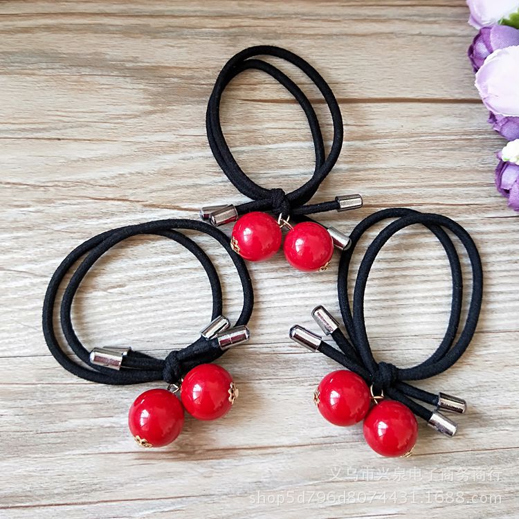 Big red ball rubber band hair tie, double rubber band red pearl hair accessory, 1 yuan, 2 yuan. Wholesale of hair accessories Specification image