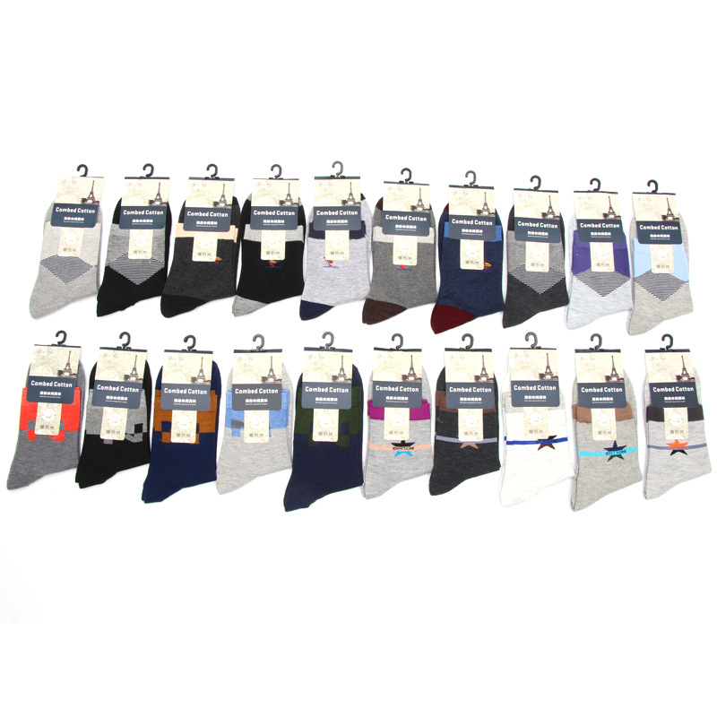 Men's colorful all-cotton socks for autumn and winter, mid-calf casual business socks, small hanging flower color-blocking men's socks manufacturer wholesale Item Picture