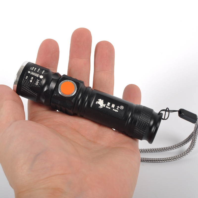 黑骑士USB充电强光手电筒 迷你便携式充电手电筒T6灯三档变焦手电详情图1