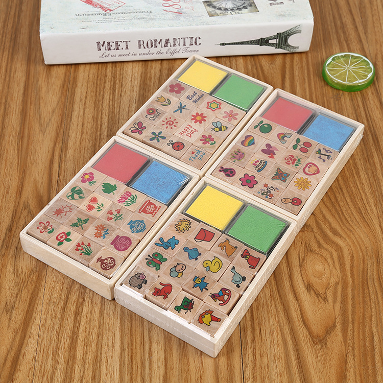 New square wooden fruit cartoon stamps for home use and teaching, cute wooden box set for educational and cultural stamps