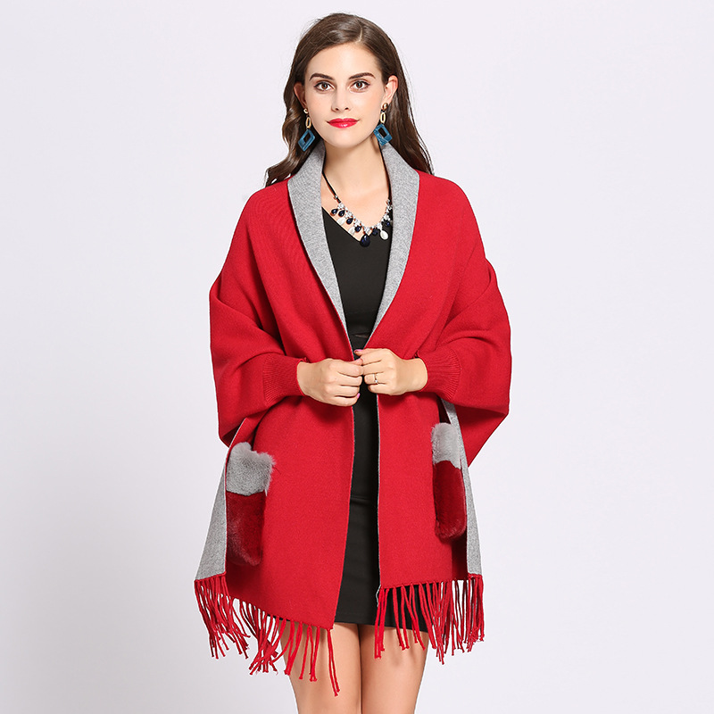 1313# Autumn Winter 2021 New Shawl Bat Sleeve Double Sided Fur Pocket Fringe Knitted Shawl Cape Woman Specification drawing