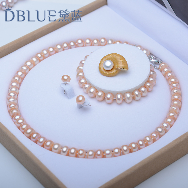 Blue freshwater pearl necklace set almost no time pearl Mother's Day send mother elder send brooch gift box Specification drawing