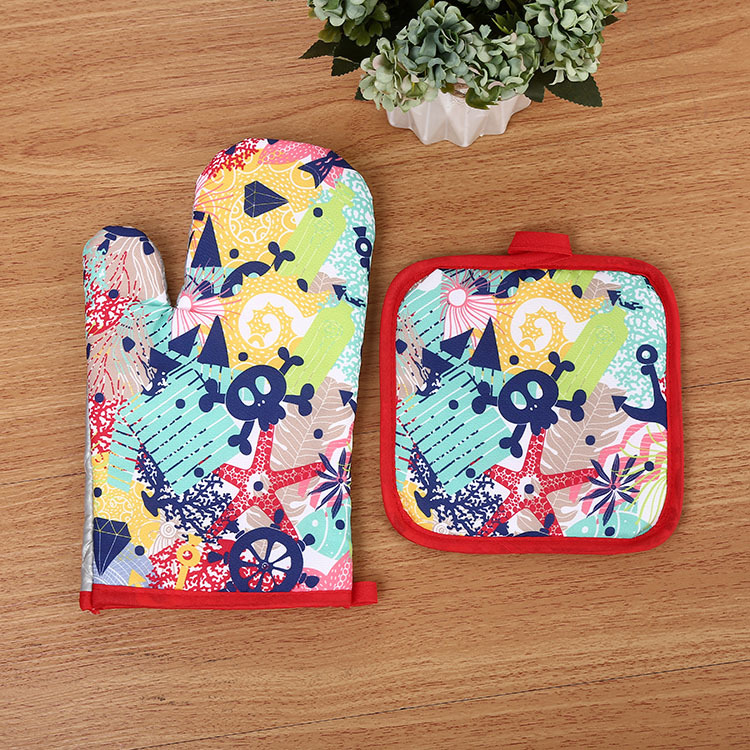 【LOVELY HOME】 Marine animal Print Microwave Gloves Thermal Mat Thermal Mat Two-piece kitchen set Specification drawing