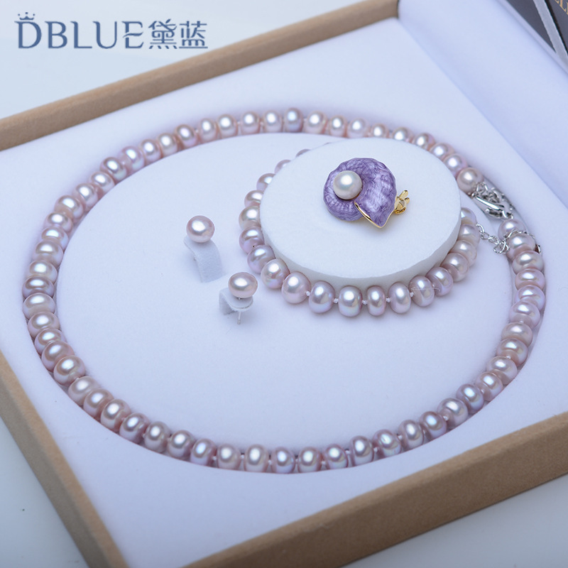 Blue freshwater pearl necklace set almost no time pearl Mother's Day send mother elder send brooch gift box full figure