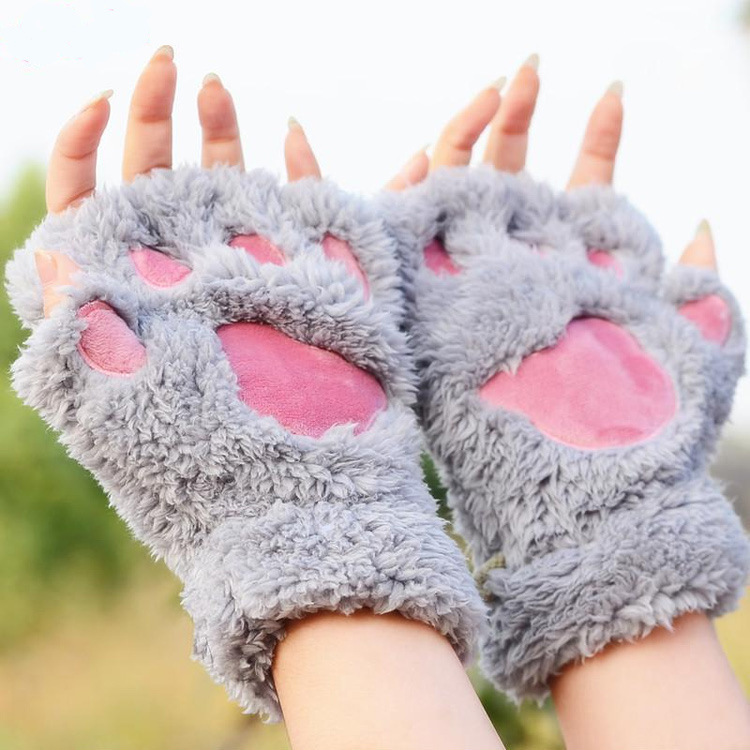 Winter Half Finger Gloves Female Cat Cartoon Bear Paws Student Fingertip Cat Claws Thick Pile Neck Warm Gloves full figure