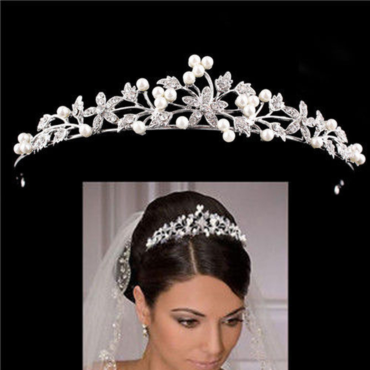 跨境欧美珍珠皇冠合金镶钻发箍水钻公主生日新娘结婚头饰