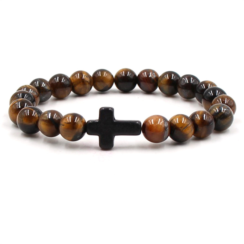 Europe And The United States Foreign Trade Express Amazon Hot Selling Pine Stone Cross Tiger Eye Stone Hand String Rosary Beads String Couple Bracelet Gift Manufacturers Wholesale