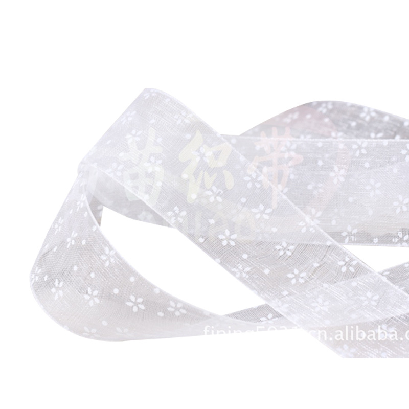 2.5cm printed snow yarn ribbon with single-color small flower webbing, cute pure white bow webbing wholesale Item Picture