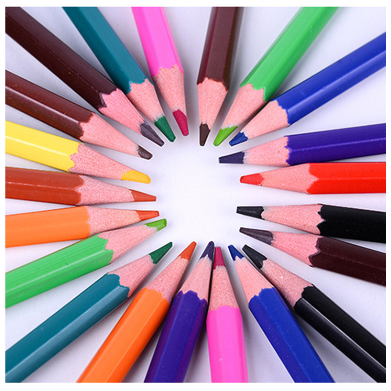 彩色塑料铅笔24色外贸木料彩铅  三角磨砂铁筒装创意绘图卡通彩铅