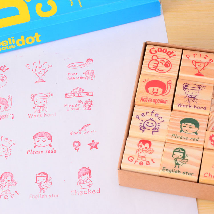 Wooden cartoon evaluation, encouragement stamp, children's toy gift stamp, wooden box set Item Picture