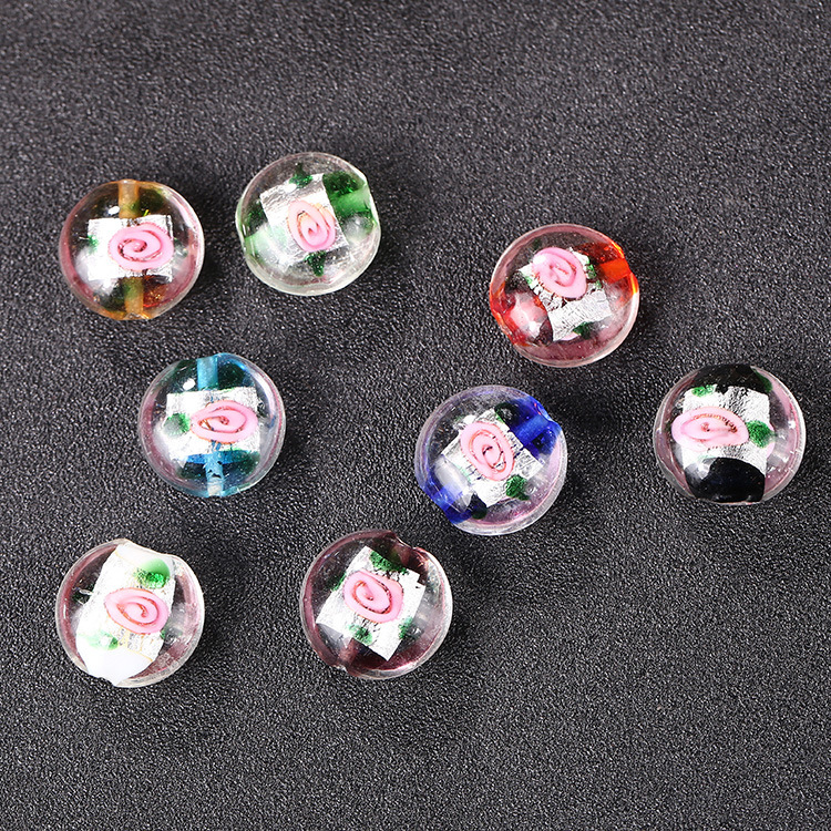 晗钰缘 银箔嵌花琉璃珠 日式手绘琉璃扁圆珠 DIY手链项链配饰批发