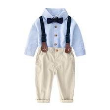 韩版宝宝秋款套装童装长袖衬衫背带裤两件套儿童礼服代发