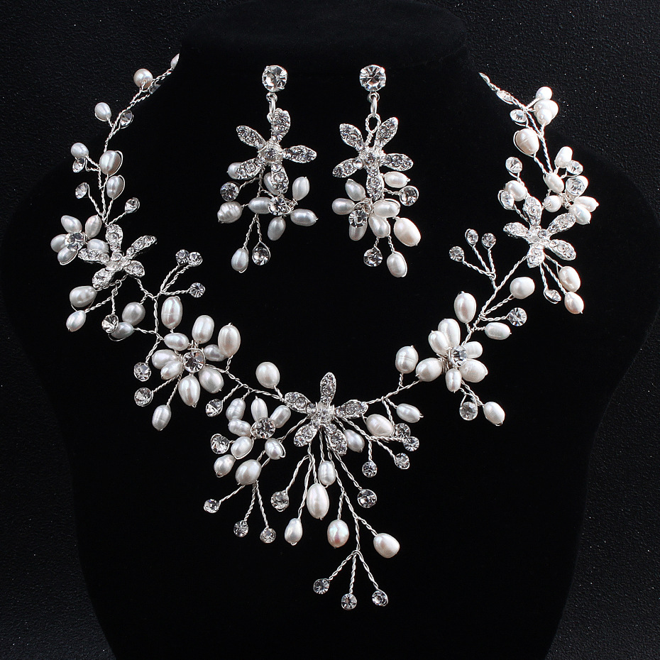 Mian Eno new European and American bride jewelry wedding accessories set handmade pearl necklace earrings wholesale Specification drawing