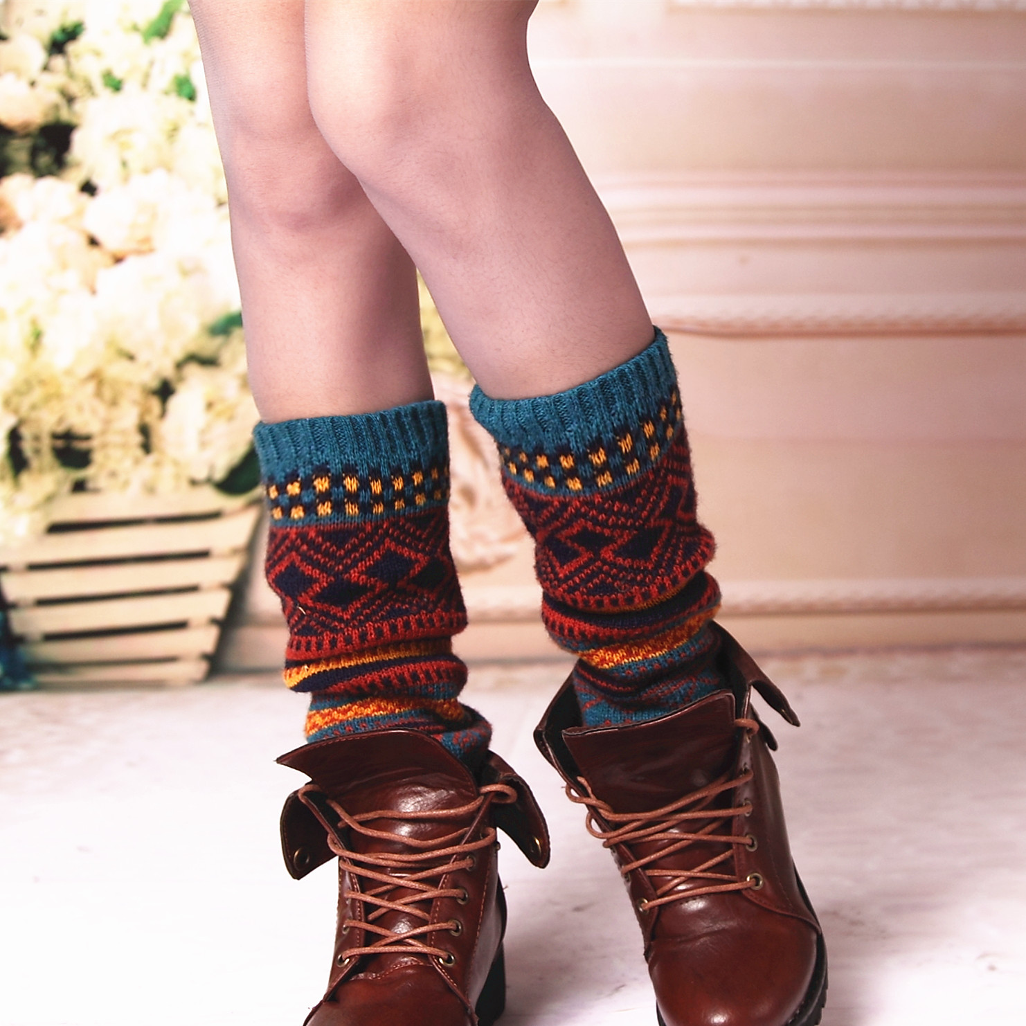 波西米亚加厚时尚羊毛多色提花保暖袜套  韩版秋冬女式堆堆袜批发