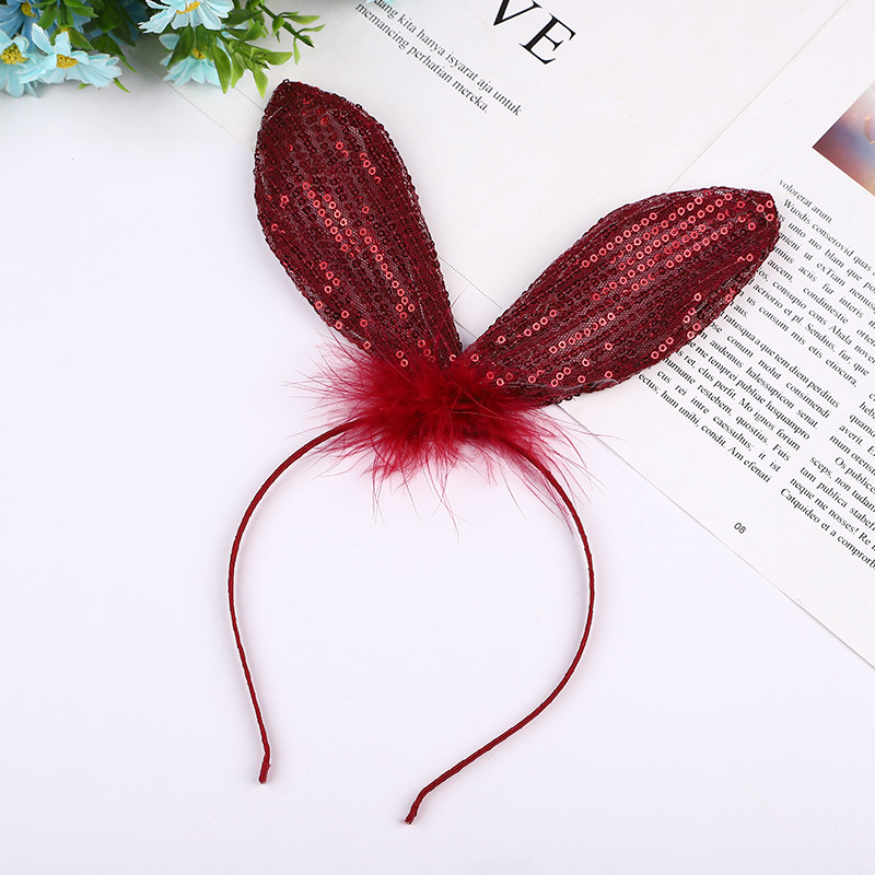 Hot Halloween Feather Sequins Lace Lace Rabbit Ears Bow Fine Headband Solid Color Headwear Multi-Color Wholesale details Picture