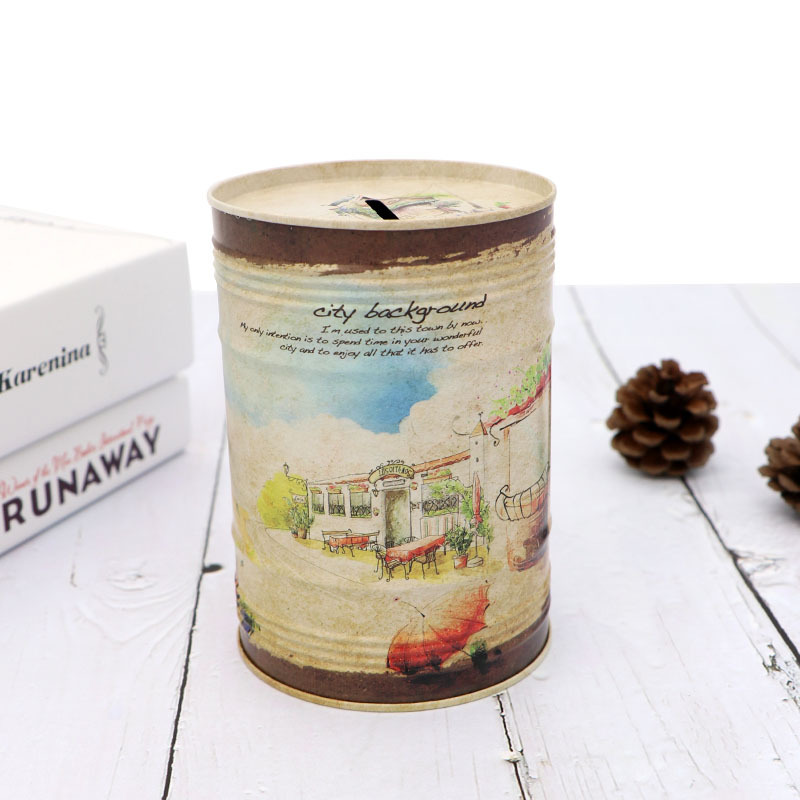 2022 Creative City Background Picture Cylinder Piggy Bank Seal Only Into The Piggy Bank Can Not Out Tinplate Piggy Bank Application Scenario
