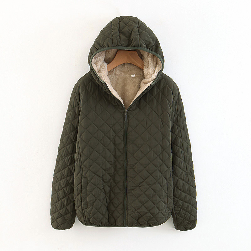 2022 Winter Korean Version Slim-Fit Checked Lamb Wool Hooded Close Thick Warm Cotton-Padded Coat Women's Extra Size Item Picture