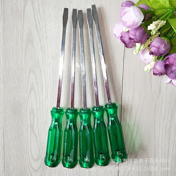 Through-hole screwdrivers, green-handled transparent screwdrivers, flat-head screwdrivers, one-yuan and two-yuan hardware tools wholesale
