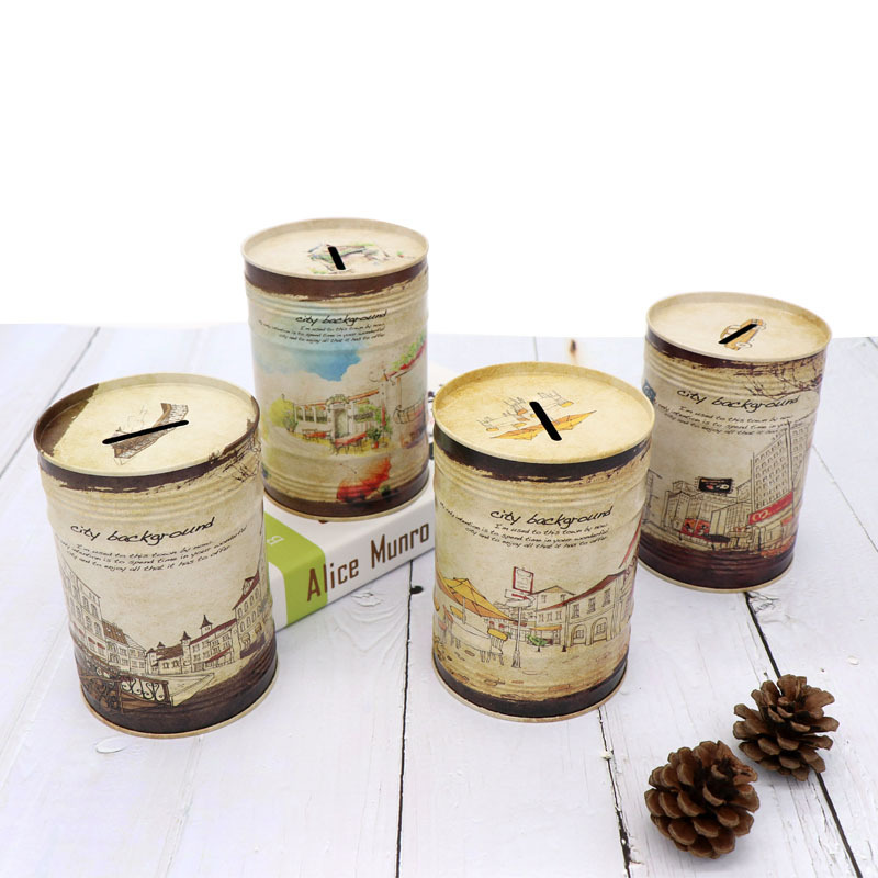 2022 Creative City Background Picture Cylinder Piggy Bank Seal Only Into The Piggy Bank Can Not Out Tinplate Piggy Bank details Picture