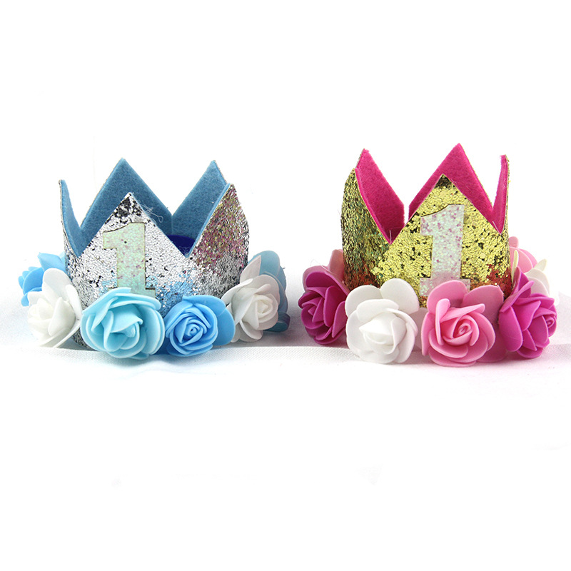 Birthday Hat One Year Old Themed Creative Digital Baby Shower Supplies Decorated With Shiny Flowers Crown Hat
