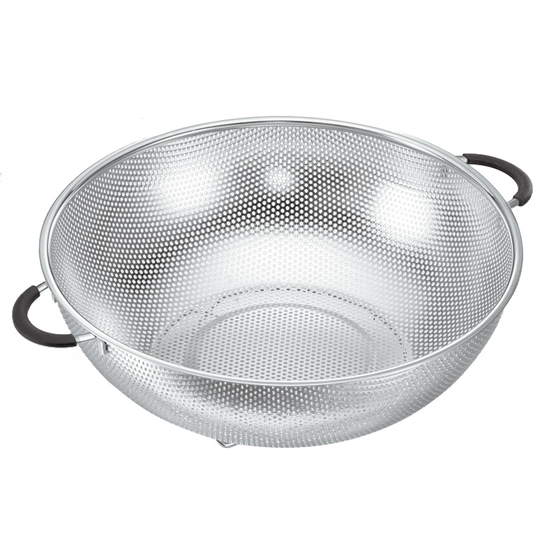Factory direct sales of stainless steel double-ear perforated blue steel plate round ear baskets with dense holes for draining rice, vegetables and fruits. Street stall supply Application Scenario