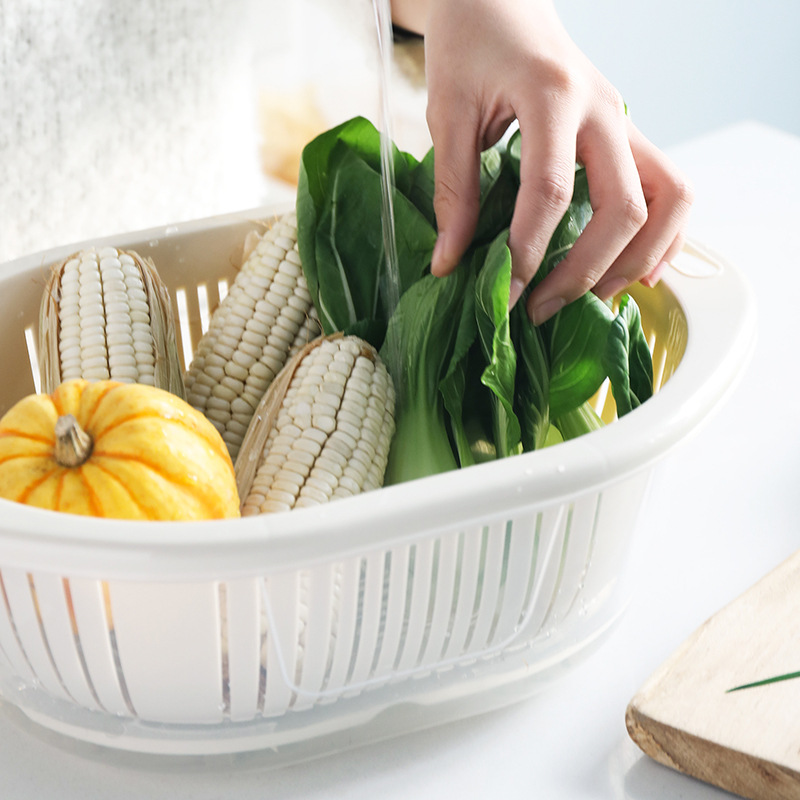 Fruit Tree Drain Basket Double Wash Basket Plastic Fruit Tray Fruit And Vegetable Drain Tray Washing Vegetables Trumpet 6023 Item Picture
