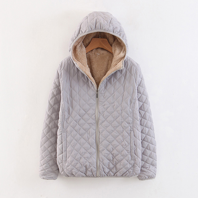 2022 Winter Korean Version Slim-Fit Checked Lamb Wool Hooded Close Thick Warm Cotton-Padded Coat Women's Extra Size Application Scenario