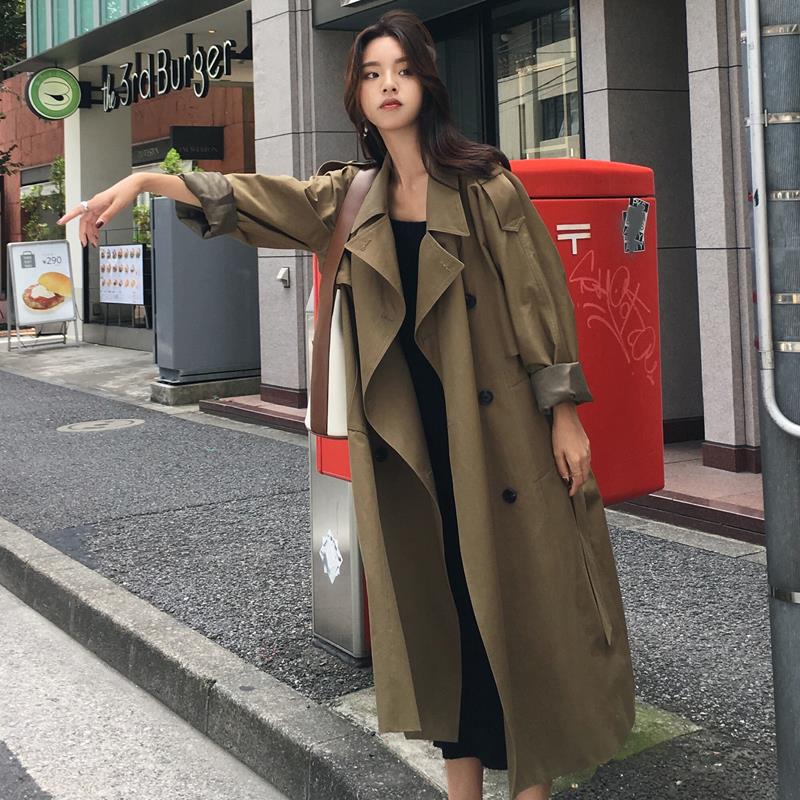 军绿色风衣女中长款2022春秋季新款双排扣过膝chic女生风衣外套潮