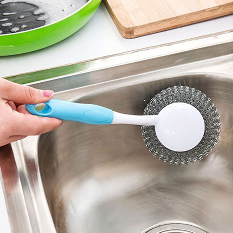 Household Kitchen Can Hang Cleaning Brush Long Handle Steel Ball Brush To Remove Oil Wash Pot Brush Wash Dishes Brush Wholesale Manufacturers Specification drawing