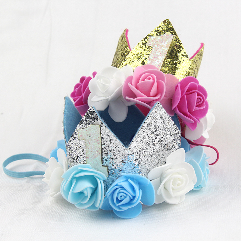 Birthday Hat One Year Old Themed Creative Digital Baby Shower Supplies Decorated With Shiny Flowers Crown Hat Application Scenario