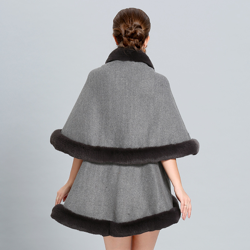 2021 Europe And The United States Autumn And Winter New Imitation Fox Fur Collar Double Double Cape Coat Manufacturers Direct Sales 1394# Specification drawing