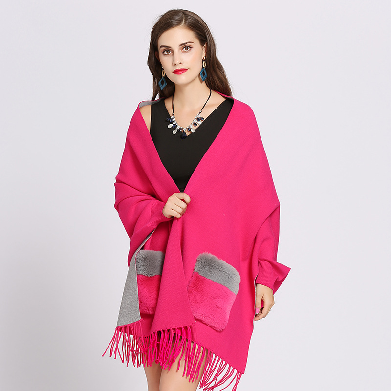 1313# Autumn Winter 2021 New Shawl Bat Sleeve Double Sided Fur Pocket Fringe Knitted Shawl Cape Woman full figure