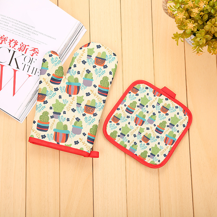【LOVELY HOME】【 Hold Jia 】 Factory direct sales INS Green plant microwave oven gloves thickened insulation two-piece set digital printing baking two-piece set details Picture