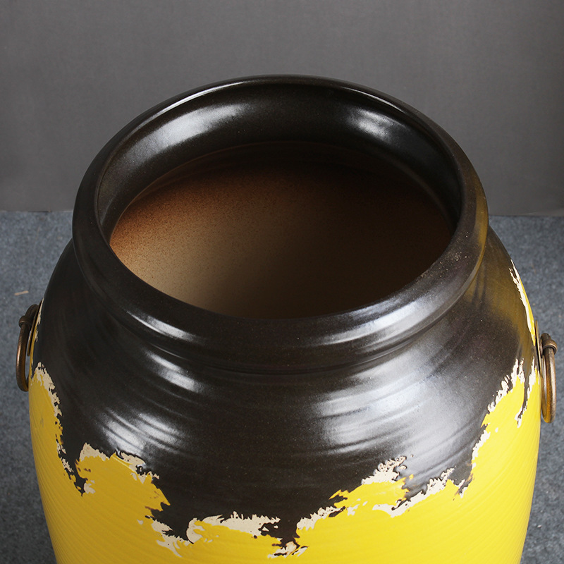 Modern, simple and retro copper-ring ceramic floor-standing large vase, hotel floor-standing large vase, living room floor-standing courtyard decorative earthenware pot Specification image