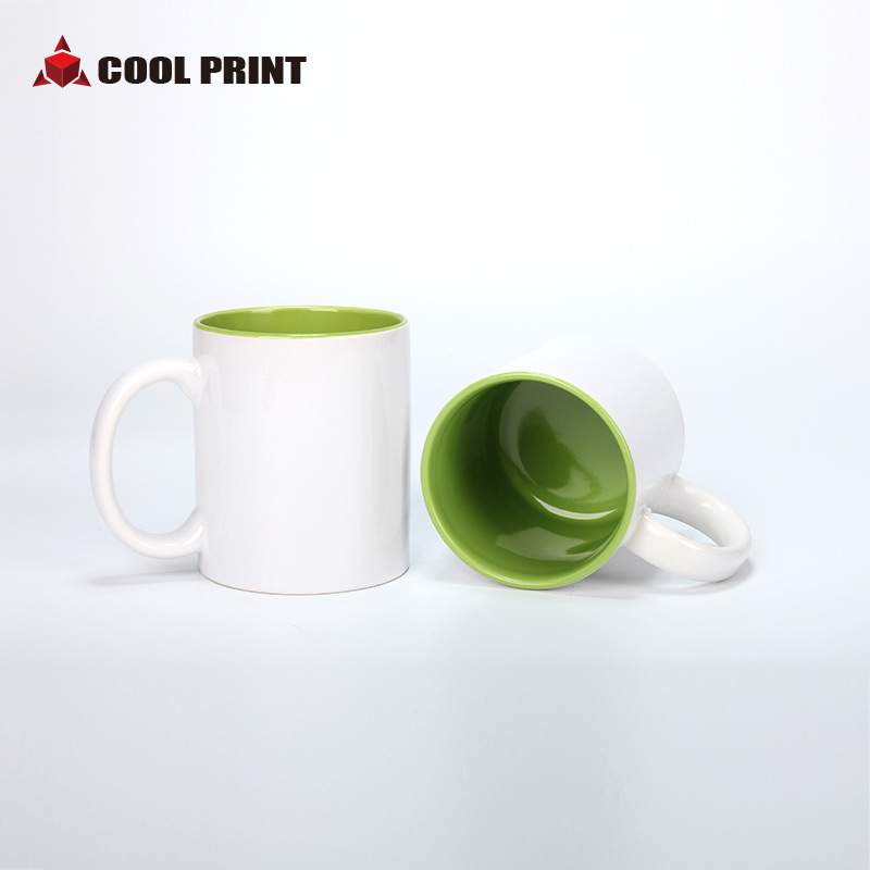 Heat transfer printed round handle, inner color white cup, blank, diyable coated white porcelain cup, advertising gift mug wholesale Specification image