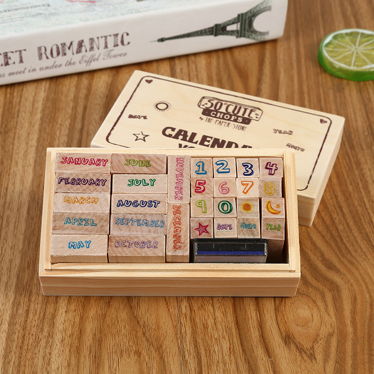 Wholesale of retro and simple digital English teaching children's toy stamps in wooden boxes details Picture