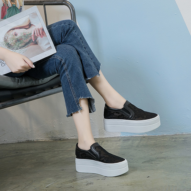 Summer New Women's Shoes Thick Sole Gauze Hollow Breathable Women's Casual Single Shoes Lace Elastic Increase Platform Shoes Specification drawing