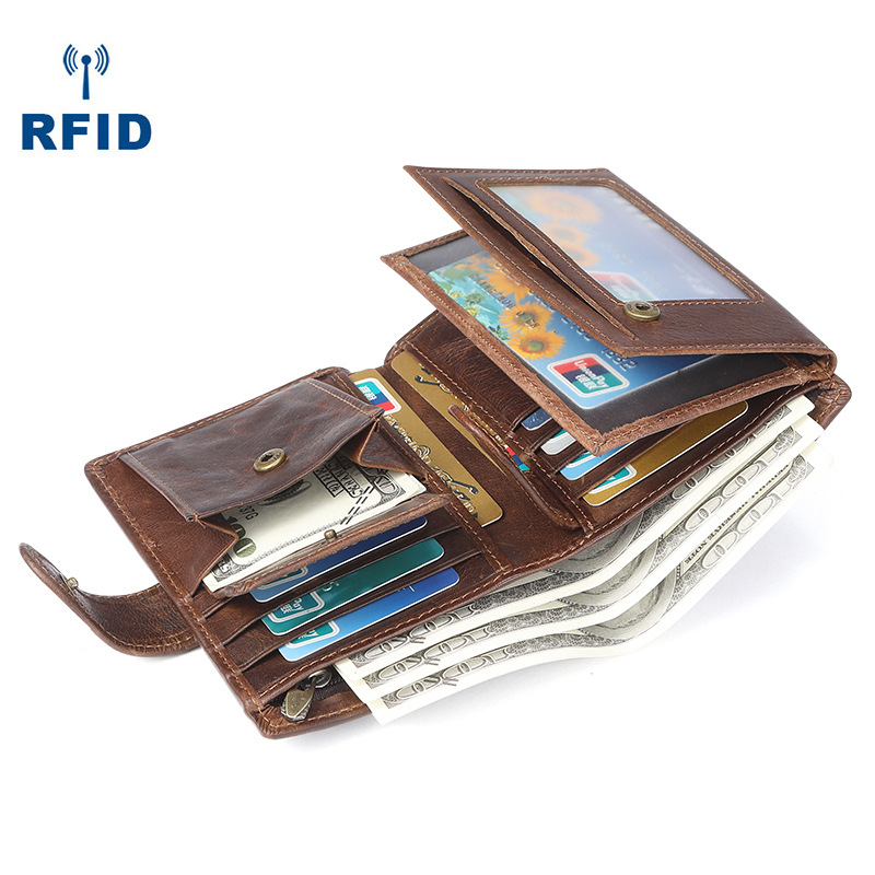 跨境新款男士钱包rfid多卡位休闲复古真皮钱包大容量手拿包零钱包图
