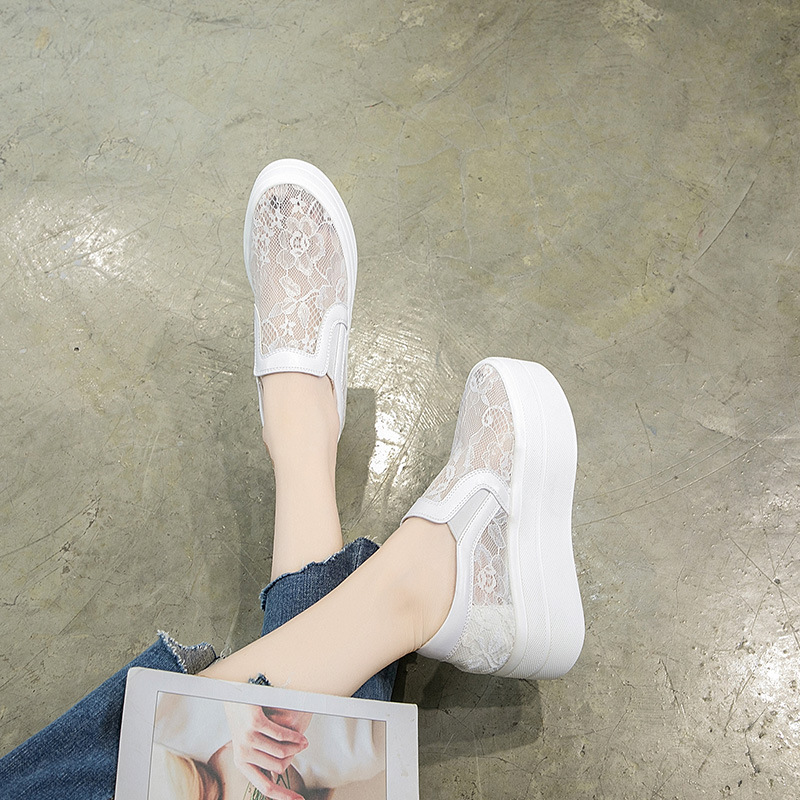 Summer New Women's Shoes Thick Sole Gauze Hollow Breathable Women's Casual Single Shoes Lace Elastic Increase Platform Shoes