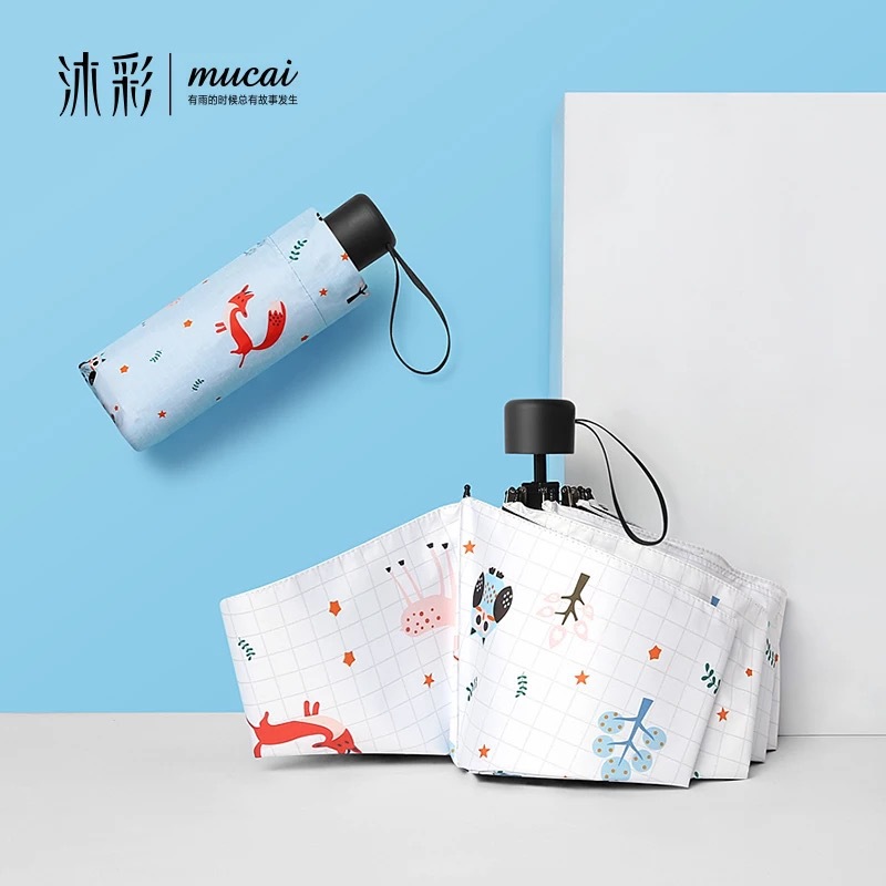 Mu Color Hand-Painted Fox Folding Umbrella Sun Umbrella Uv Protection Umbrella Clear Umbrella Women's Dual Use Vinyl Triple Folding Umbrella