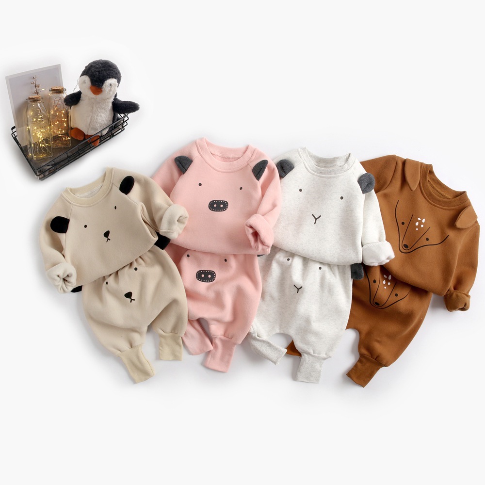 Children's clothing autumn and winter baby fleece hoodie, large PP pants set for boys and girls, Korean version animal two-piece set for 1-year baby 3