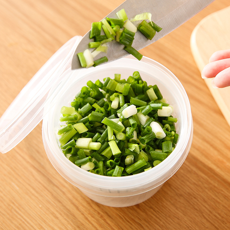 Simple, round, transparent, double-sealed scallion, ginger and garlic preservation box for kitchen and refrigerator, portable plastic round, water-draining and tight Specification image