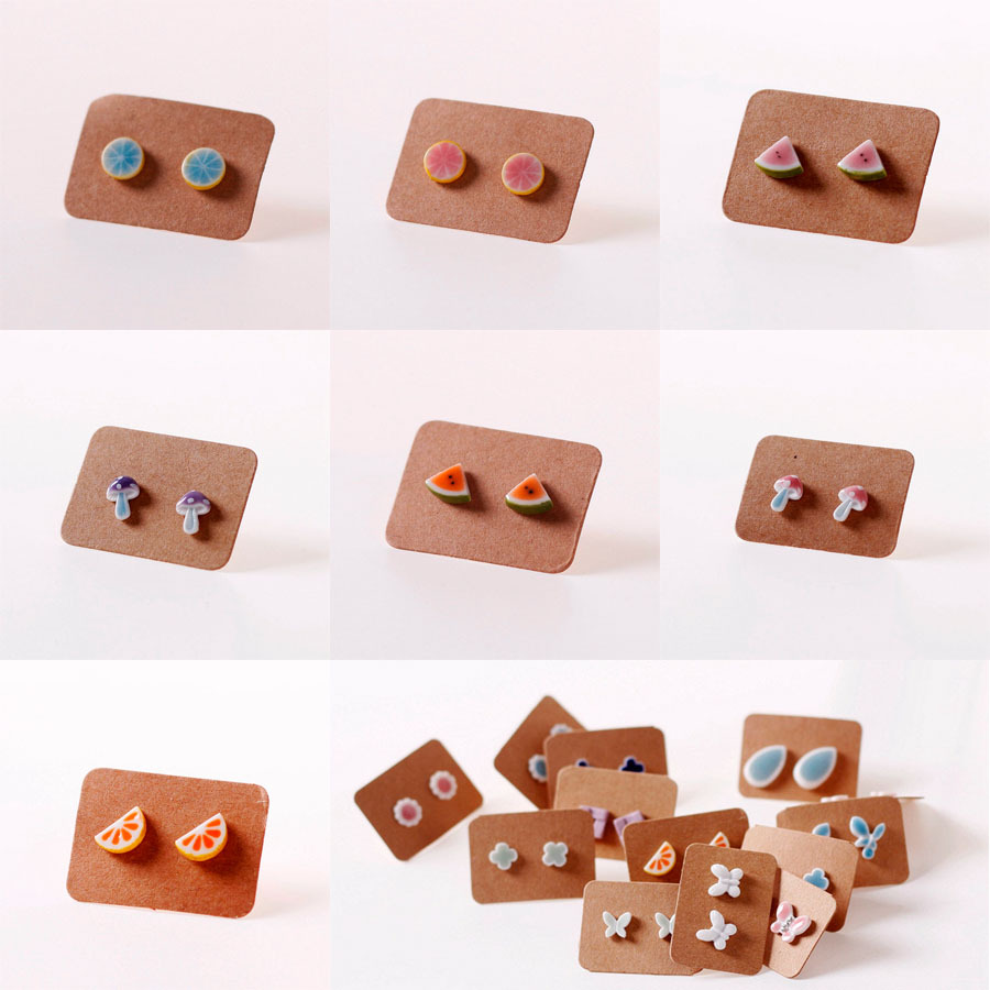 Wholesale ceramic stud earrings, strawberry, cherry and watermelon earrings, cute and sweet fruit stud earrings, new style accessories from Jingdezhen