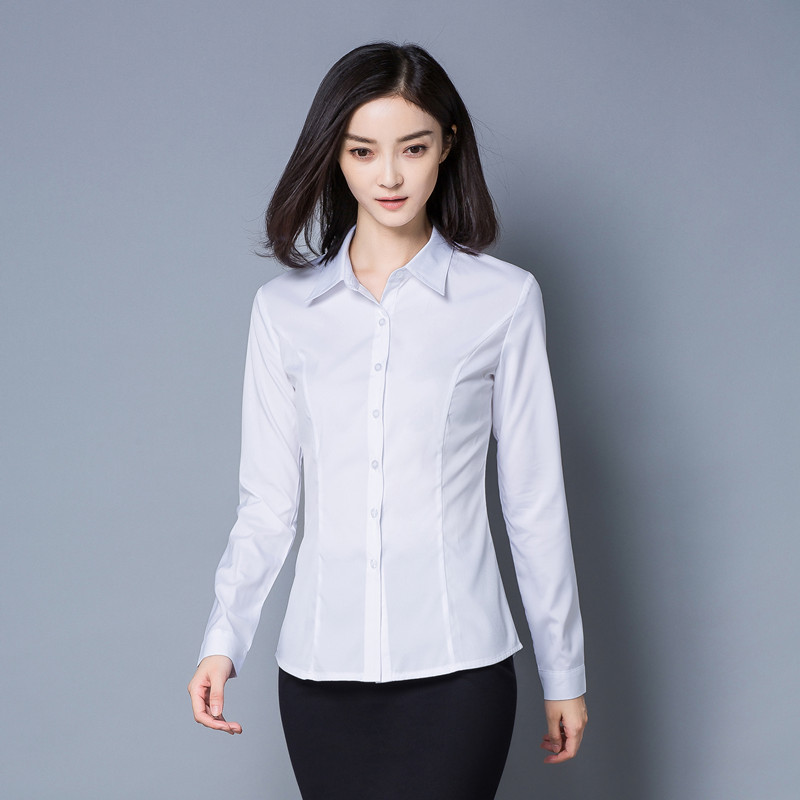 俏经理2022春季新品白衬衫女士长袖韩版修身职业装打底衫浅蓝大码