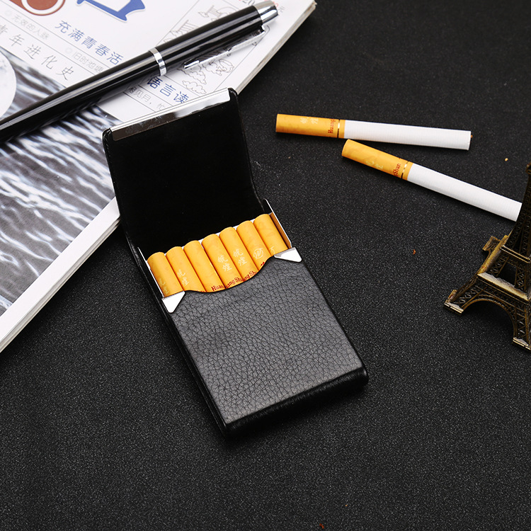 Vertical stainless steel metal leather cigarette box, metal cigarette box, business cigarette pack, fashionable gentleman cigarette combination pack Specification image
