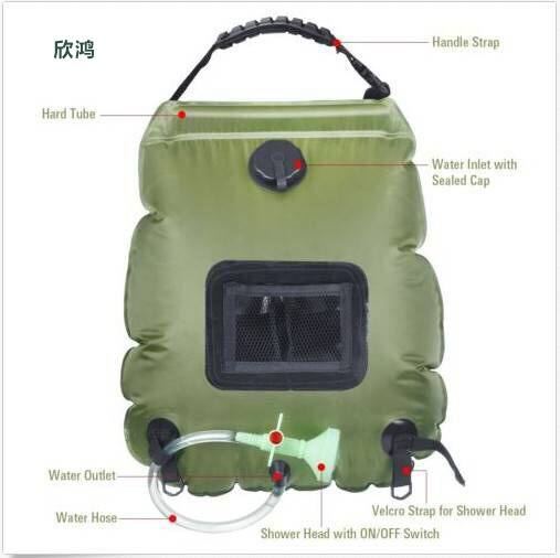 Solar-powered bath bag, outdoor camping hot water bag, portable outdoor sunbathing water storage bag, 20L