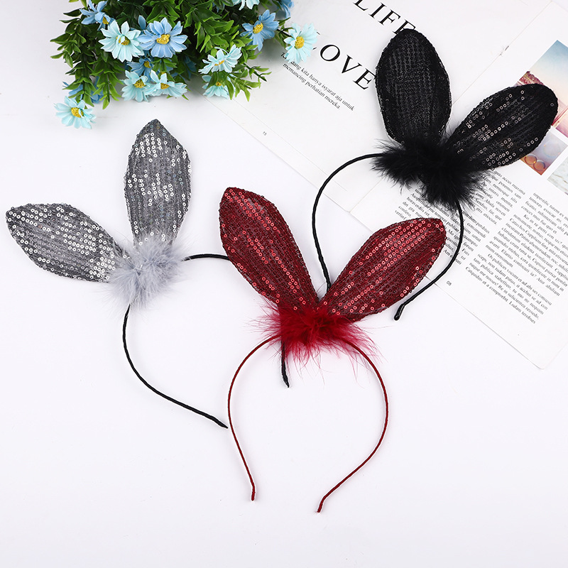 Hot Halloween Feather Sequins Lace Lace Rabbit Ears Bow Fine Headband Solid Color Headwear Multi-Color Wholesale